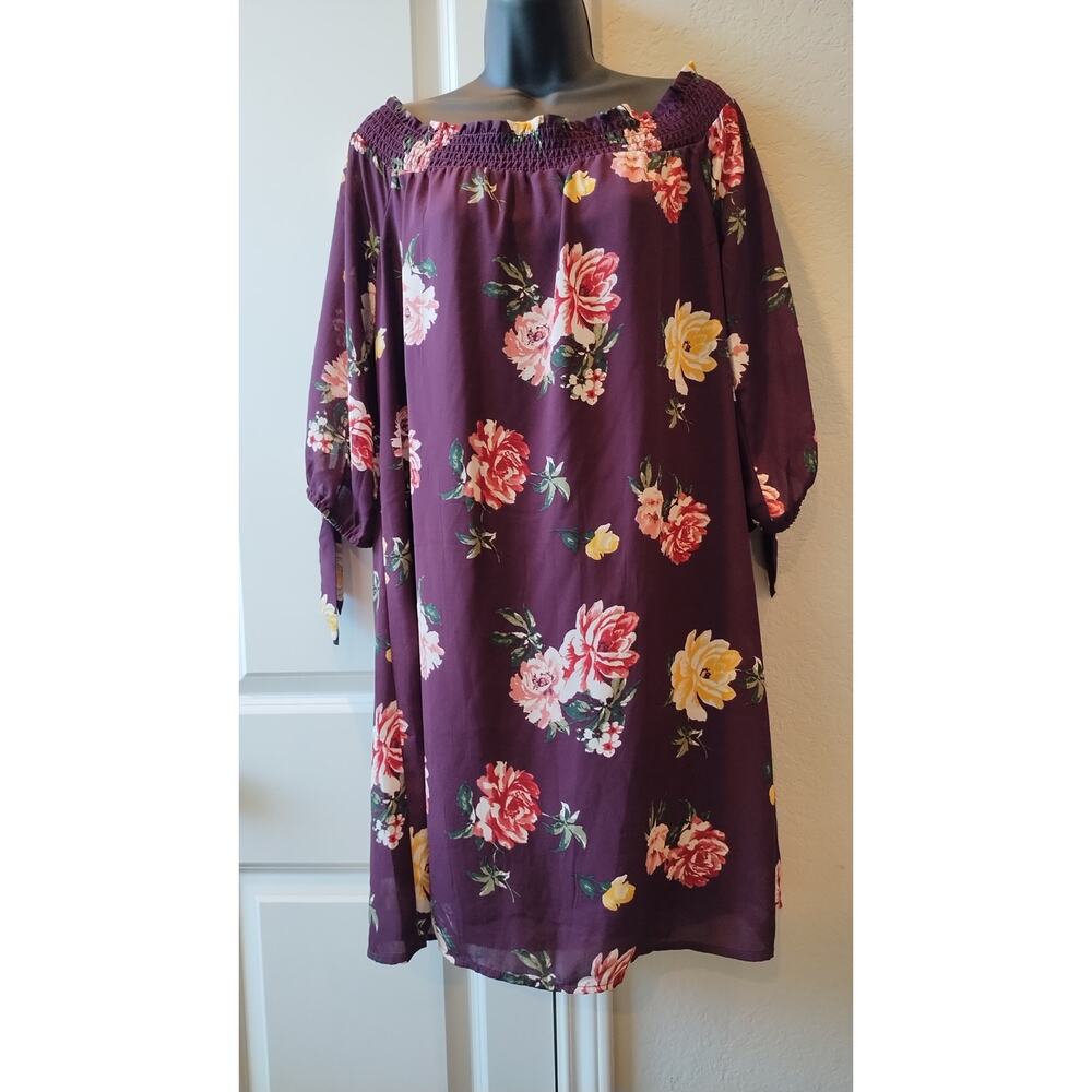 Mi ami Maroon Floral Off Shoulder Dress 3/4 Sleeves Sz L.